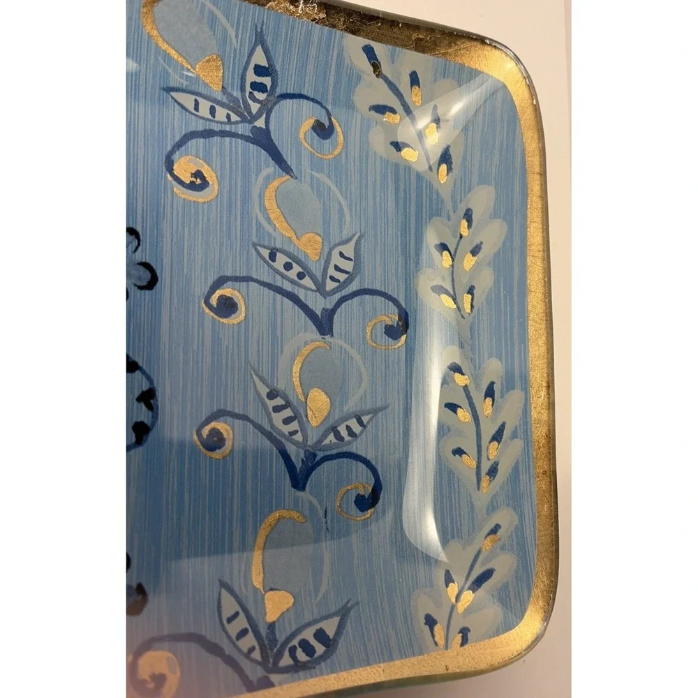 Pier 1 Vintage Blue‎ Gold Foil Art Glass Birds Oblong Serving Tray Dish Whimsy